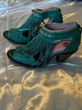 Junk Gypsy By Lane Turquoise Fringe Leather Western Zip Bootie Women Size 10.5